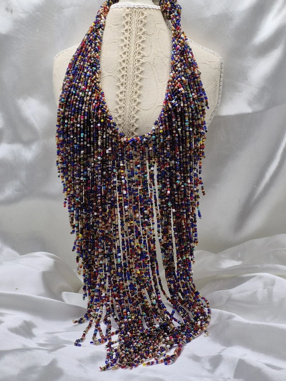 Kenyan Massai Multicolor Beaded Fringe Choker Statement Necklace